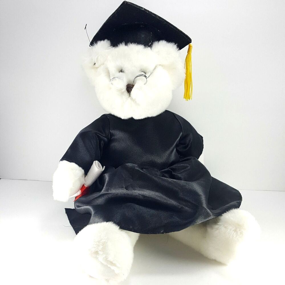 Russ Berrie White Bear Graduation Black Hat Plush Stuffed Diploma Tassel 15"